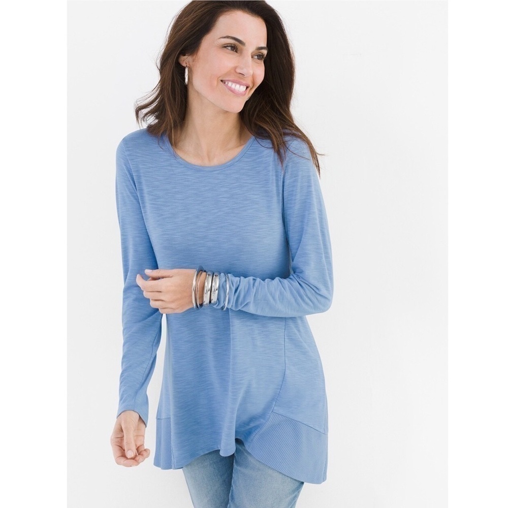Chico’s Slub Knit Tunic Periwinkle Blue Ribbed Hem Swing Top Boho M
